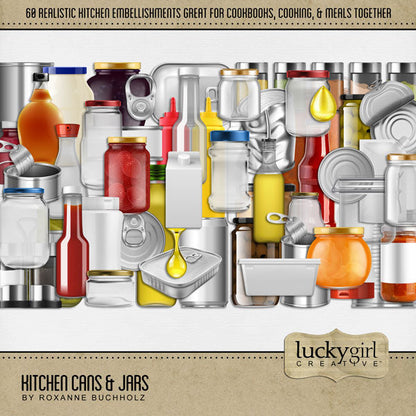 Showcase your favorite food, meals, restaurants, recipes, kitchen, and cookbook favorites with these realistic digital scrapbooking embellishments by Lucky Girl Creative digital art. Great for the chef, cook, cooking, and family dinners. Embellishments include can, cans, jar, jars, glass jars, plastic container, ketchup, mustard, mayo, tin can, jam, jelly, olives, pickles, peanut butter, olive oil, seasoning, spices, pasta sauce, and more.