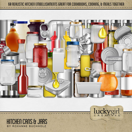 Showcase your favorite food, meals, restaurants, recipes, kitchen, and cookbook favorites with these realistic digital scrapbooking embellishments by Lucky Girl Creative digital art. Great for the chef, cook, cooking, and family dinners. Embellishments include can, cans, jar, jars, glass jars, plastic container, ketchup, mustard, mayo, tin can, jam, jelly, olives, pickles, peanut butter, olive oil, seasoning, spices, pasta sauce, and more.