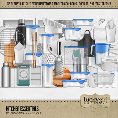 Showcase your favorite food, meals, restaurants, recipes, kitchen, and cookbook favorites with these realistic digital scrapbooking embellishments by Lucky Girl Creative digital art. Great for the chef, cook, cooking, family dinners, setting the dinner table, and even everyday activities. Embellishments include apron, plastic bag, baggie, chef jacket, hat, cutting board, grater, grill rack, hand towel, kitchen towel, kitchen cabinets, and more.