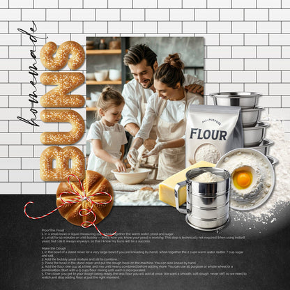 Showcase your favorite food, meals, restaurants, recipes, kitchen, and cookbook favorites with these realistic digital scrapbooking embellishments and subway tile papers by Lucky Girl Creative digital art. Great for the chef, baker, cook, cooking, and family dinners. Kitchen themed embellishments include appliances, cookware, bakeware, butcher cut labels, cans and jars, essentials, placesettings, cutlery, and more!