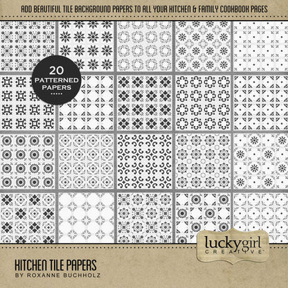 Showcase your favorite food, meals, restaurants, recipes, kitchen, and cookbook favorites with these versatile digital scrapbooking papers featuring various tile patterns by Lucky Girl Creative digital art. Great for kitchen and bathroom renovations, too! This kit is NOT included in any bundle.