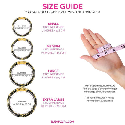 Size Guide for Koi Noir Tzubbie Black and Gold Foil All Weather Bangle Bracelets with BuDhaGirl Enamel Chop Logo Bead | BuDhaGirl
