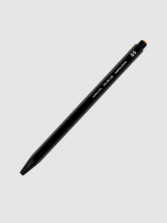 Kokuyo Enpitsu Sharp Mechanical Pencil, 0.5, Black, Cloth and Paper. Pencil turned to the right against a neutral background.