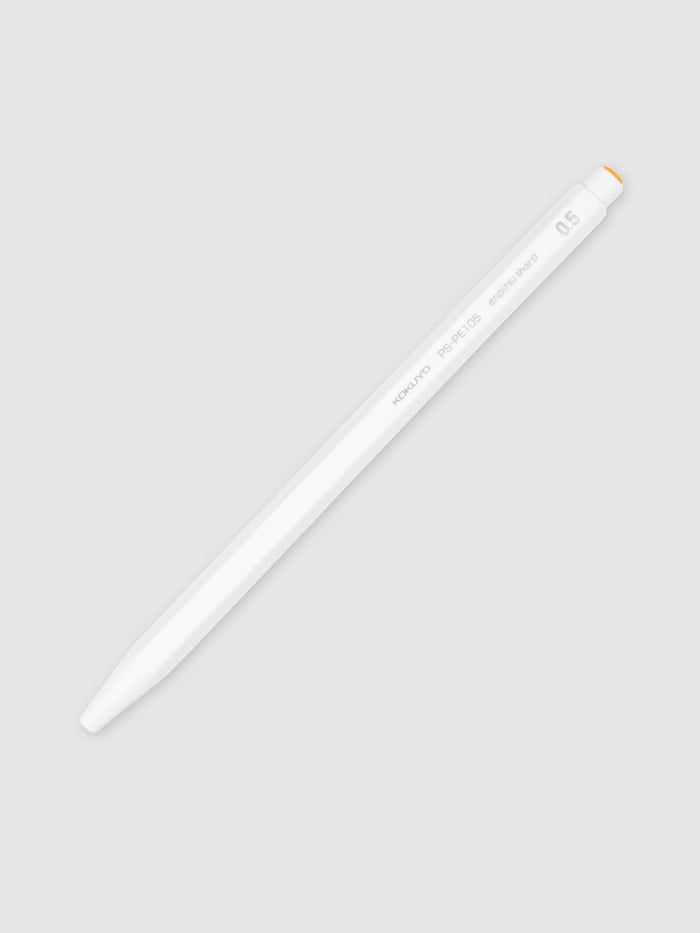 Kokuyo Enpitsu Sharp Mechanical Pencil, 0.5, White, Cloth and Paper. Pencil turned to the right against a neutral background.