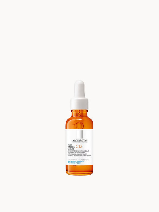 La Roche-Posay Vitamin C12 Face Serum bottle with dropper, designed for anti-wrinkle and radiance restoration, 30ml.