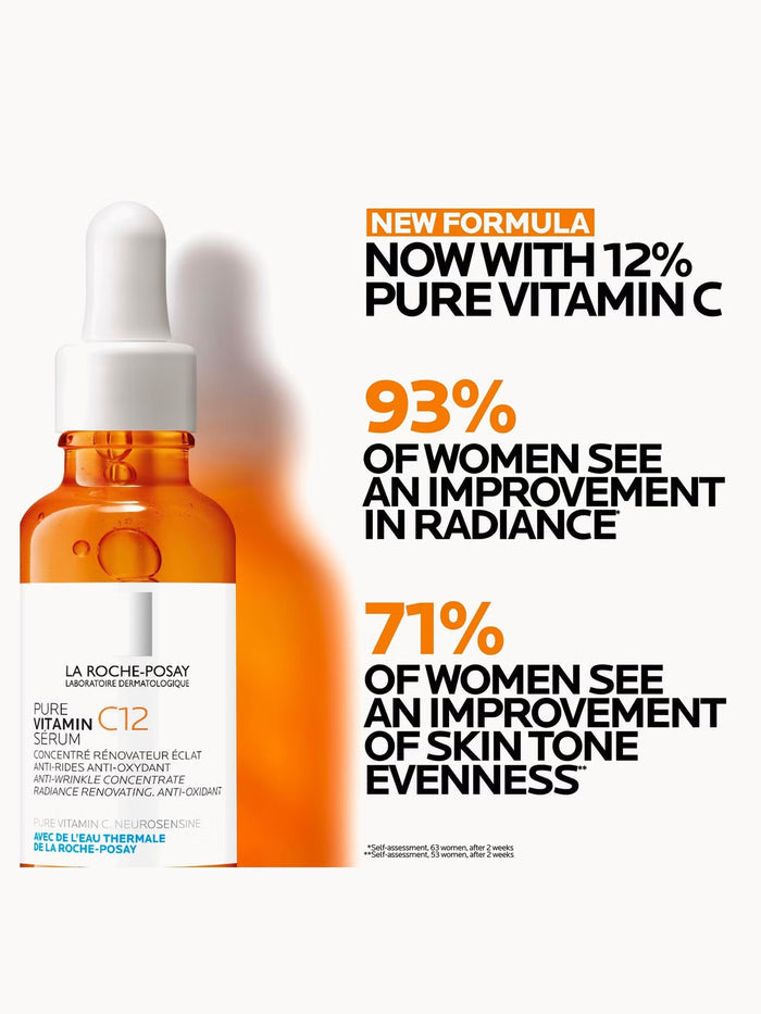 La Roche-Posay Vitamin C12 Face Serum bottle showing the 30ml packaging, designed for anti-wrinkle and radiance restoration.