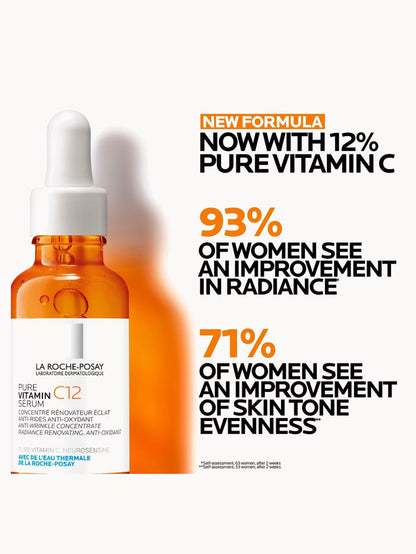 La Roche-Posay Vitamin C12 Face Serum bottle showing the 30ml packaging, designed for anti-wrinkle and radiance restoration.