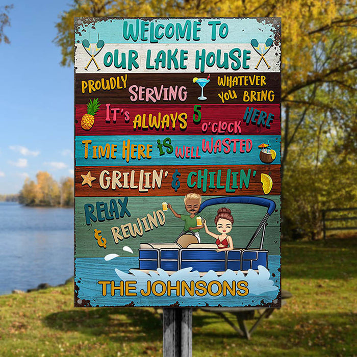 Lake House Pontoon Time Here Is Well Wasted - Personalized Custom Classic Metal Signs