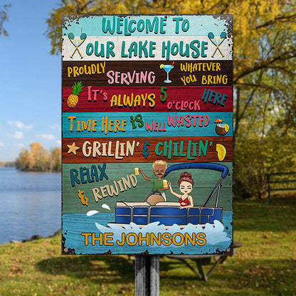 Lake House Pontoon Time Here Is Well Wasted - Personalized Custom Classic Metal Signs