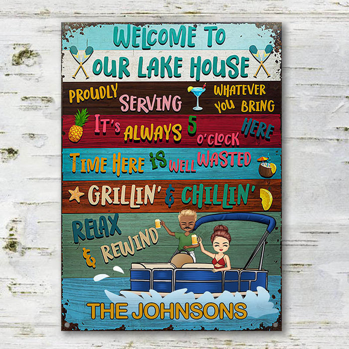 Lake House Pontoon Time Here Is Well Wasted - Personalized Custom Classic Metal Signs