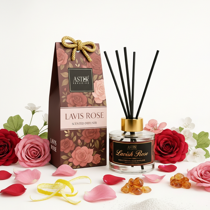 Lavish Rose reed diffuser set with glass bottle, rose oil, and reeds.