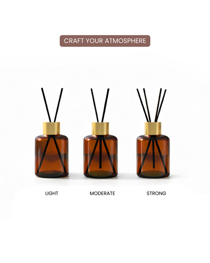 Lavish Rose reed diffuser set with rose-scented oil and rattan reeds in an elegant glass bottle.