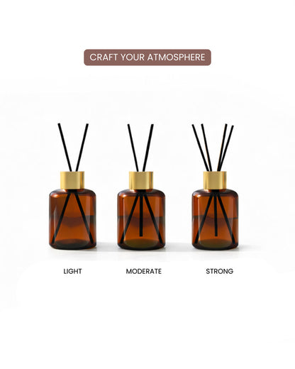 Lavish Rose reed diffuser set with rose-scented oil and rattan reeds in an elegant glass bottle.