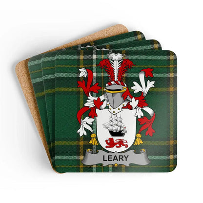 Leary Family Crest with Tartan Design Coaster