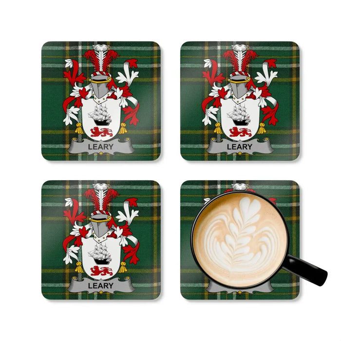 Leary Family Crest Tartan Green Coaster Set