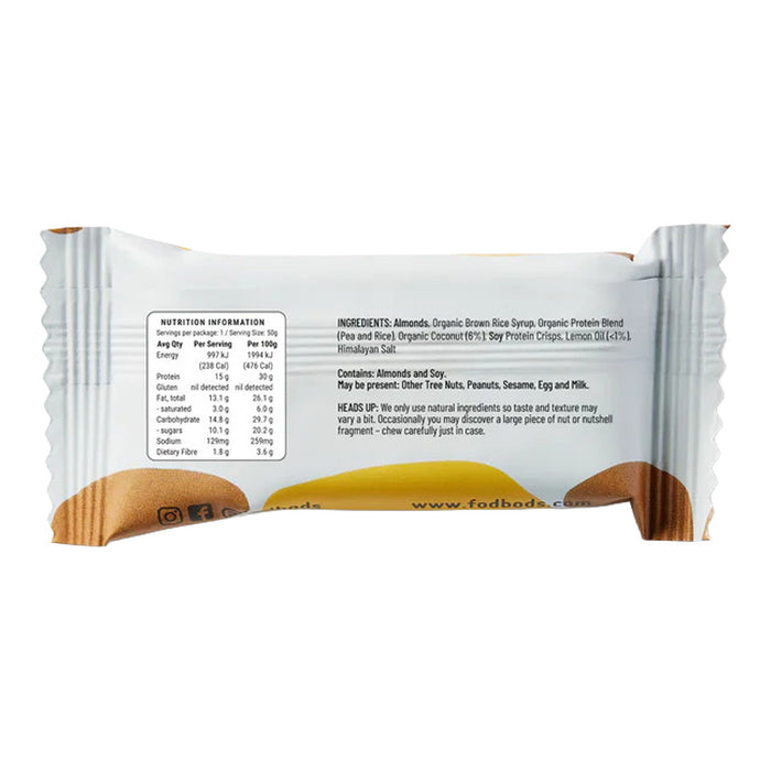 Back view of lemon coconut protein bar packaging with text and branding.
