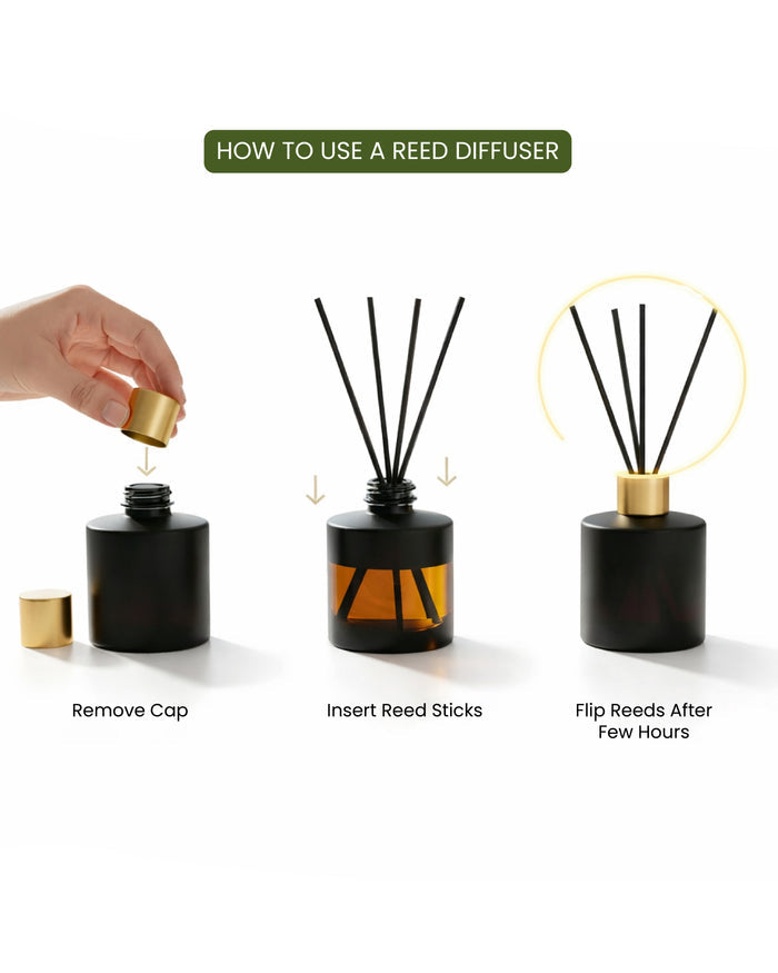 Lemongrass reed diffuser set with glass bottle and reeds in a gift box.