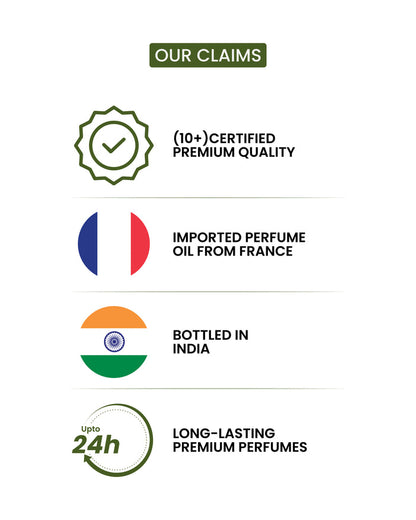 List of product claims including certified premium quality, imported perfume oil from France, bottled in India, and long-lasting perfumes on a white background.