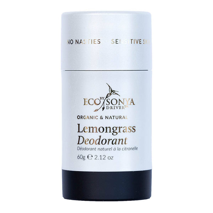 Lemongrass deodorant stick by Eco by Sonya on a white background.