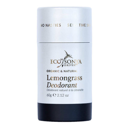 Lemongrass deodorant stick by Eco by Sonya on a white background.