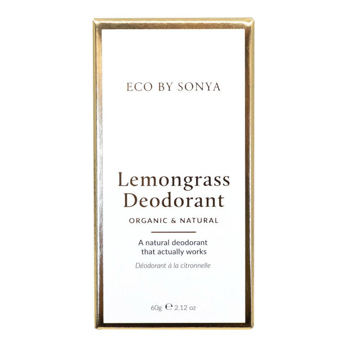 Lemongrass deodorant packaging with gold frame on white background.