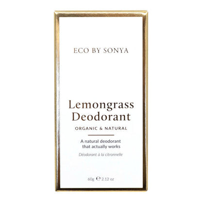 Lemongrass deodorant packaging with gold frame on white background.
