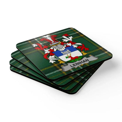 Lenihan Crest on Green Plaid Pattern Coaster Set