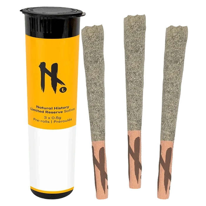 Right-side view of three grey-filtered pre-rolls next to a vertical yellow-and-white tube labeled Limited Reserve PR 3 x 0.5 g.