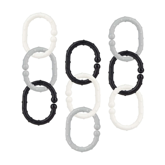 Eighteen Linkables Teething Toys in black, grey, and white—each with oval textured links and rounded bumps—are vertically arranged against a white background.