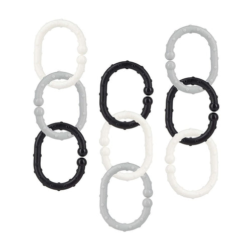 Eighteen Linkables Teething Toys in black, grey, and white—each with oval textured links and rounded bumps—are vertically arranged against a white background.