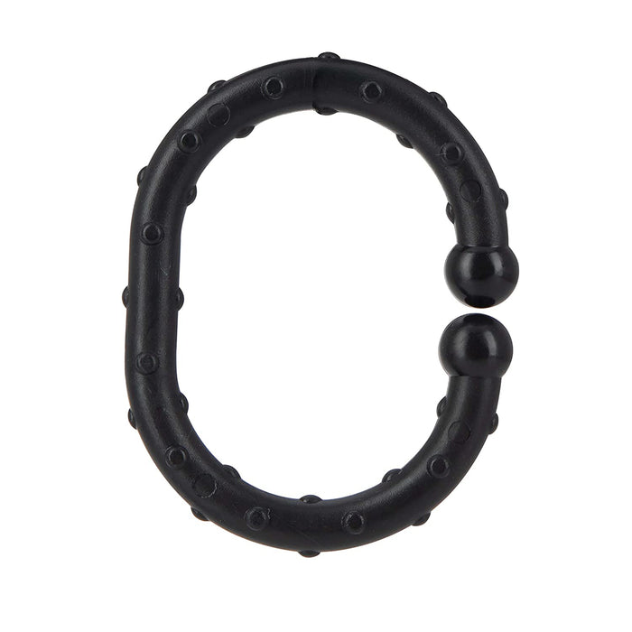A black, oval-shaped ring with a textured surface and raised bumps, featuring two rounded ends that nearly meet. Made for sensory play, this is part of the Linkables Teething Toys - Black, Grey, & White - 18 pack.