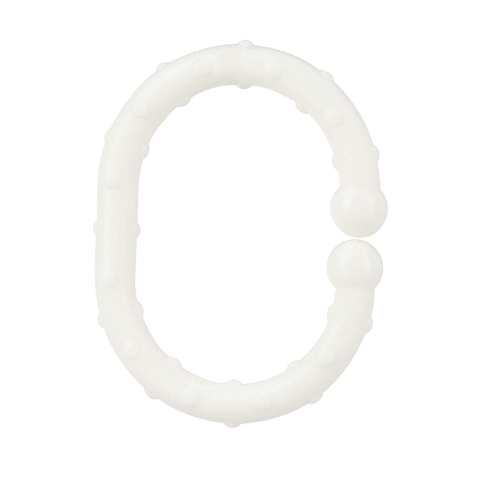The Linkables Teething Toys (18 pack) in black, grey, and white are oval-shaped silicone rings with raised bumps and round ends, designed for babies as sensory toys or to connect easily with stroller links for on-the-go soothing.