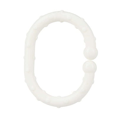 The Linkables Teething Toys (18 pack) in black, grey, and white are oval-shaped silicone rings with raised bumps and round ends, designed for babies as sensory toys or to connect easily with stroller links for on-the-go soothing.