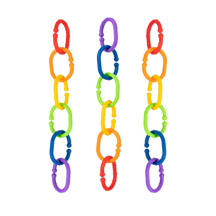Three vertical chains of colorful oval links in red, orange, yellow, green, blue, and purple—Nuby's Linkables Teething Toys (Primary Colors, 18 pack)—create a vibrant baby sensory toy against a white background.