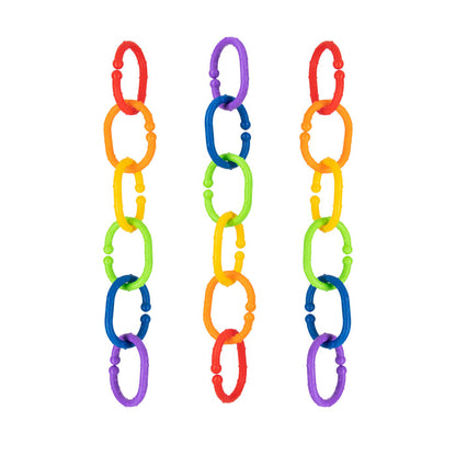 Three vertical chains of colorful oval links in red, orange, yellow, green, blue, and purple—Nuby's Linkables Teething Toys (Primary Colors, 18 pack)—create a vibrant baby sensory toy against a white background.