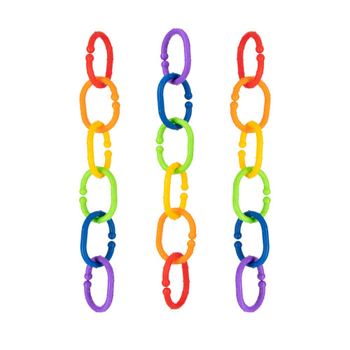 Three vertical chains of colorful oval links in red, orange, yellow, green, blue, and purple—Nuby's Linkables Teething Toys (Primary Colors, 18 pack)—create a vibrant baby sensory toy against a white background.
