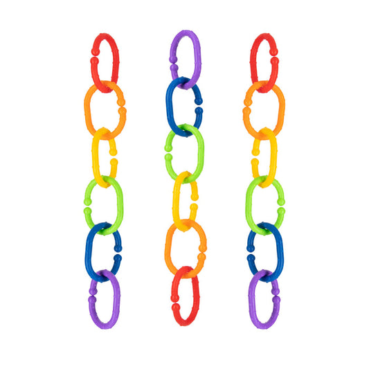 Three vertical chains of colorful oval links in red, orange, yellow, green, blue, and purple—Nuby's Linkables Teething Toys (Primary Colors, 18 pack)—create a vibrant baby sensory toy against a white background.