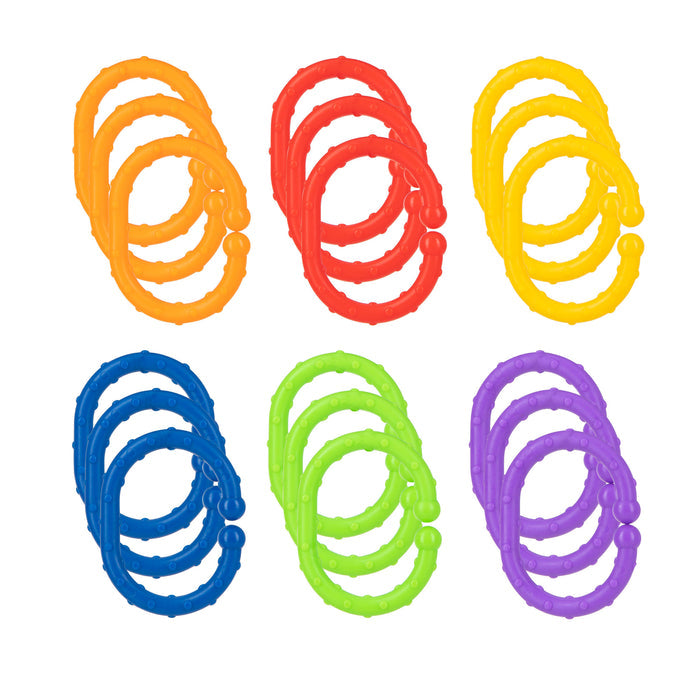 Nuby Linkables Teething Toys—18-pack in primary colors—includes interlocking textured rings for stroller linking or sensory play. Six colorful sets displayed in two rows on a white background.