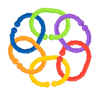 Nuby Linkables Teething Toys in primary colors come in an 18-pack of interlinked rings with textured surfaces. Perfect for sensory play, these stroller toy links encourage tactile exploration and visual stimulation for babies.