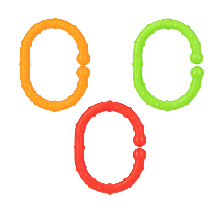 Nuby Linkables Teething Toys (18 pack, Primary Colors) features oval-shaped textured plastic rings in orange, green, and red with a small gap and two raised bumps—ideal stroller toy links or sensory toys—shown on a white background.