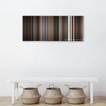 Little Nicky color palette canvas above a white bench with three woven baskets