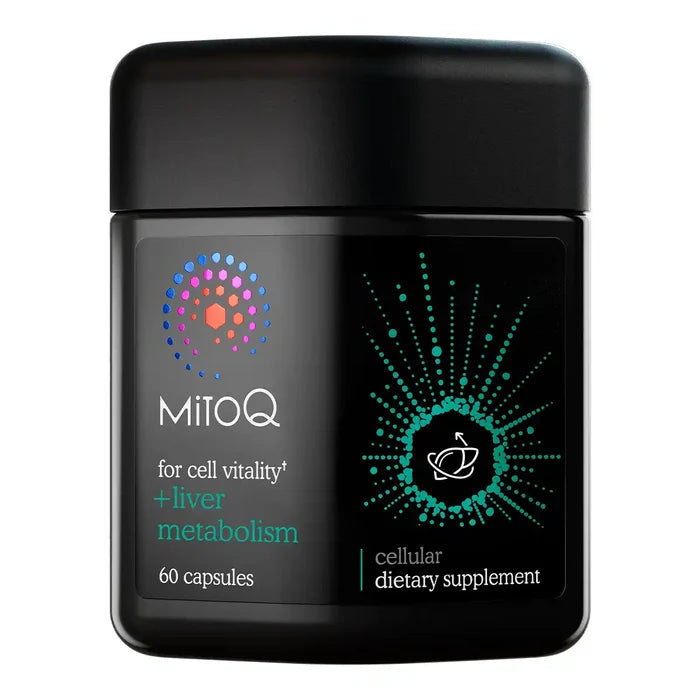 A black jar of MitoQ dietary supplement capsules on a plain white background.
