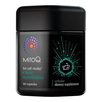 A black jar of MitoQ dietary supplement capsules on a plain white background.