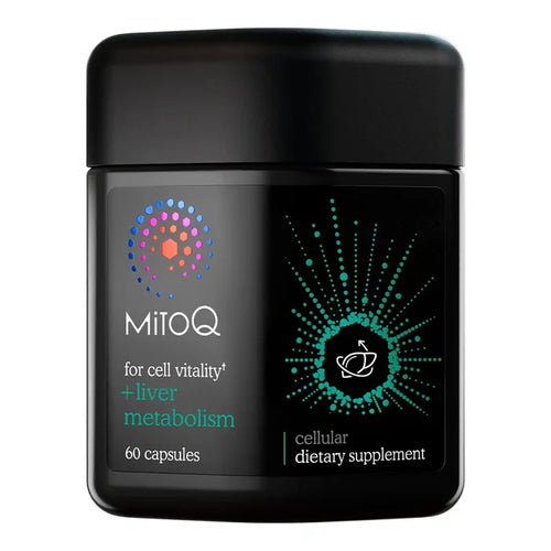 A black jar of MitoQ dietary supplement capsules on a plain white background.
