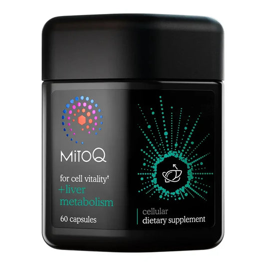 A black jar of MitoQ dietary supplement capsules on a plain white background.