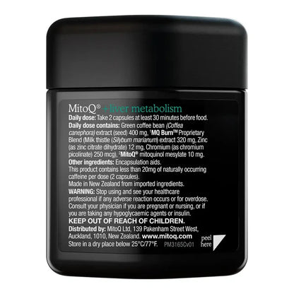 A black jar of MitoQ +Liver Metabolism supplement with a white label showing detailed product information and ingredients.