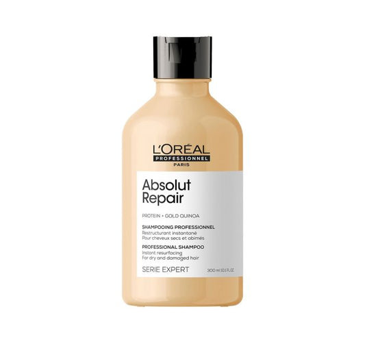 L'Oréal Paris Serie Expert Absolut Repair shampoo bottle, 300ml, for damaged hair, with a sleek design and label.
