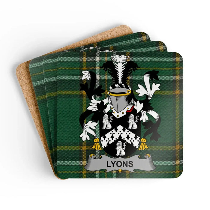 Lyons family crest cork coasters with Irish National Tartan pattern