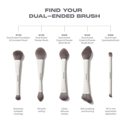 Set of dual-ended makeup brushes with descriptions on a white background