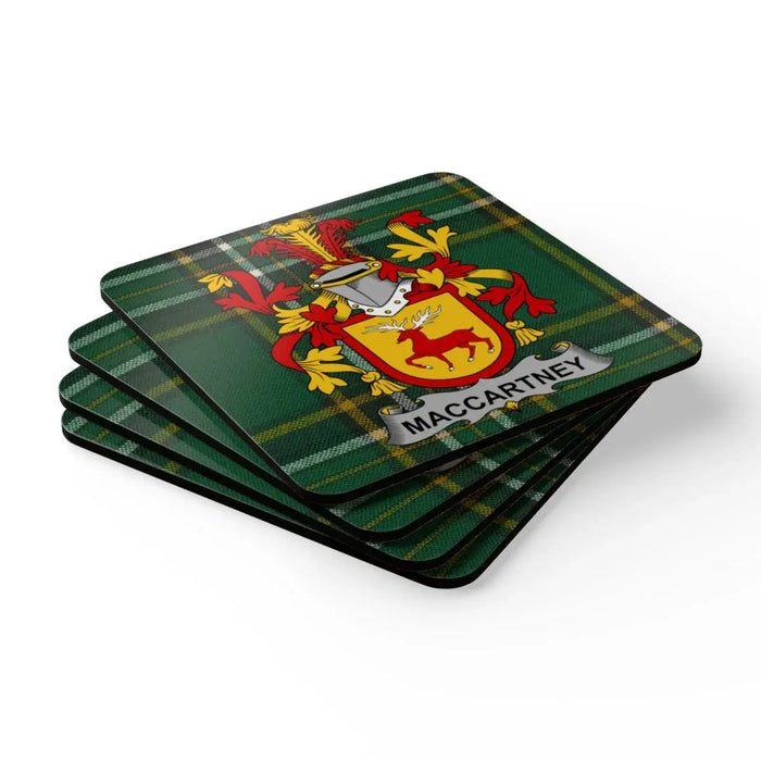 Maccartney Irish surname tartan coaster with crest-style emblem